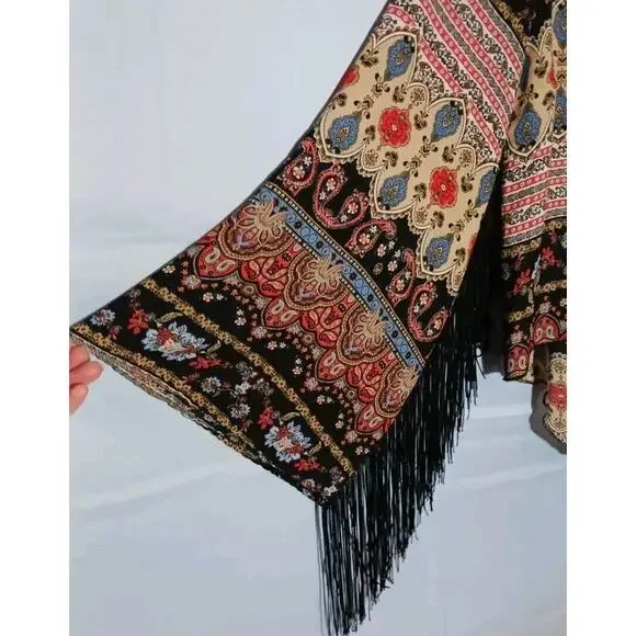 See You Monday Womens Medium Paisley Long Sleeve Black Fringed Cropped Top Boho - Picture 7 of 10
